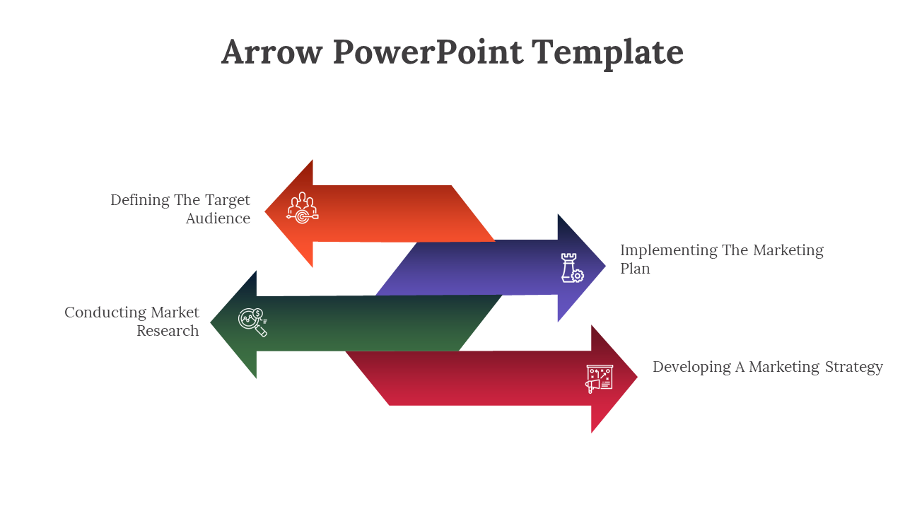 Arrow PowerPoint template showing a marketing process flow with steps with icons on a white backdrop.