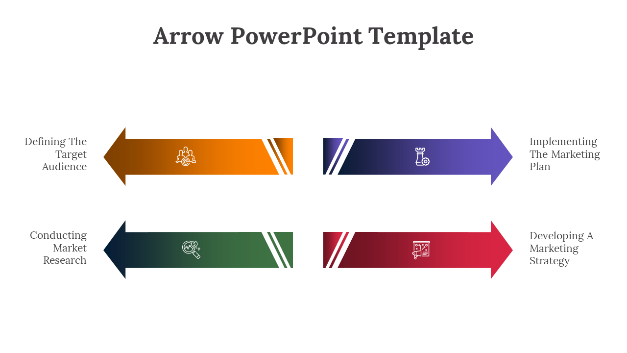 PowerPoint template with four color coded arrows representing stages in a marketing process with icons on a white backdrop.