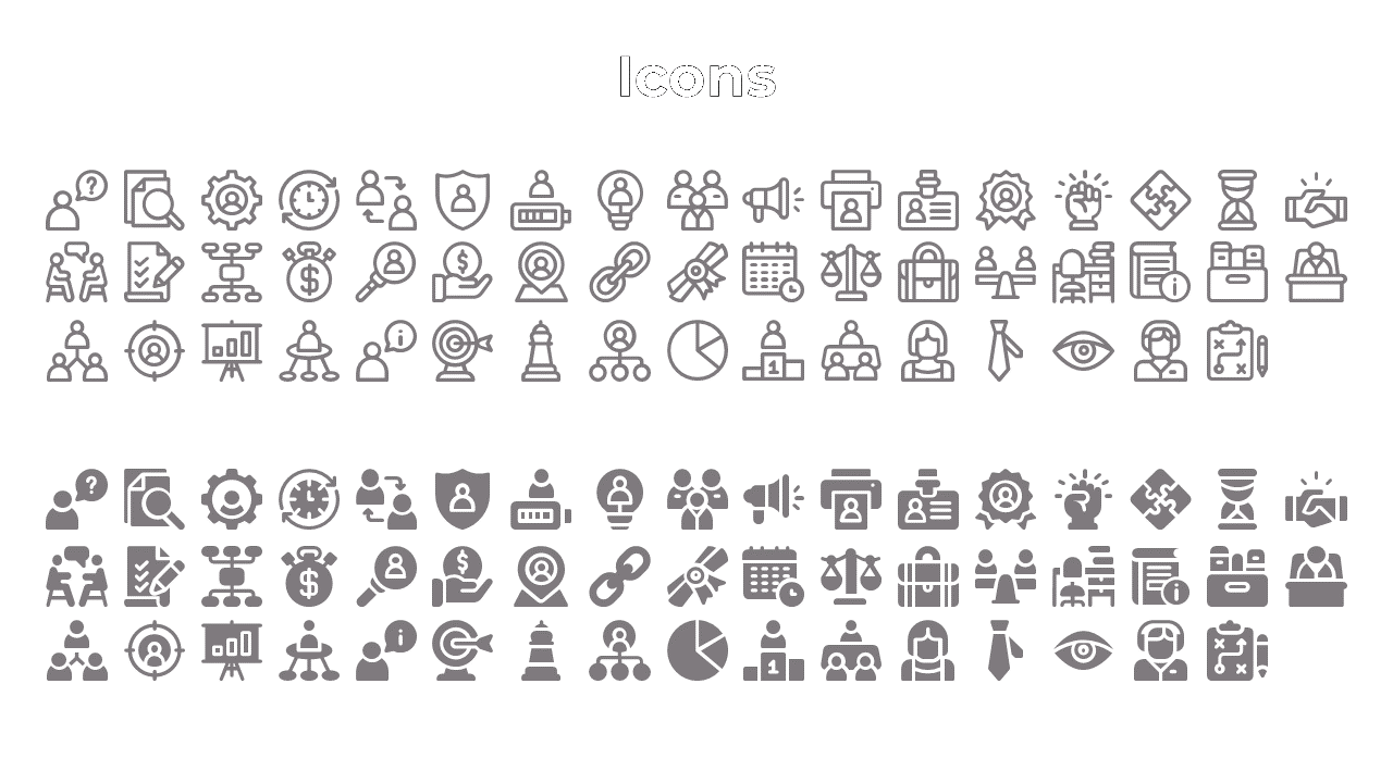 A set of monochromatic icons for business, such as a magnifying glass, calendar, gears, charts, people, and security.