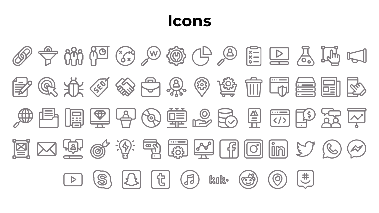 A grid of various grey business, technology, and social media icons, including magnifying glasses and social media platforms.