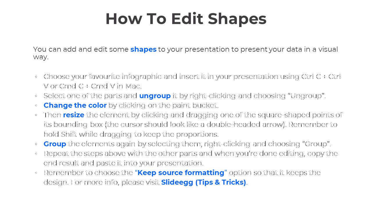 Guide on editing infographic shapes in PowerPoint ungroup, resize, change color, and group back the elements.