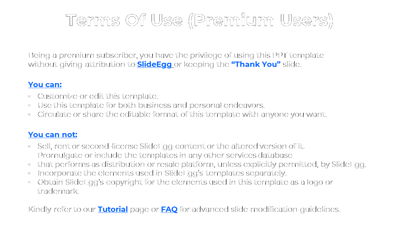 Terms of Use for premium SlideEgg users, detailing rights to edit and distribute templates on a white backdrop.
