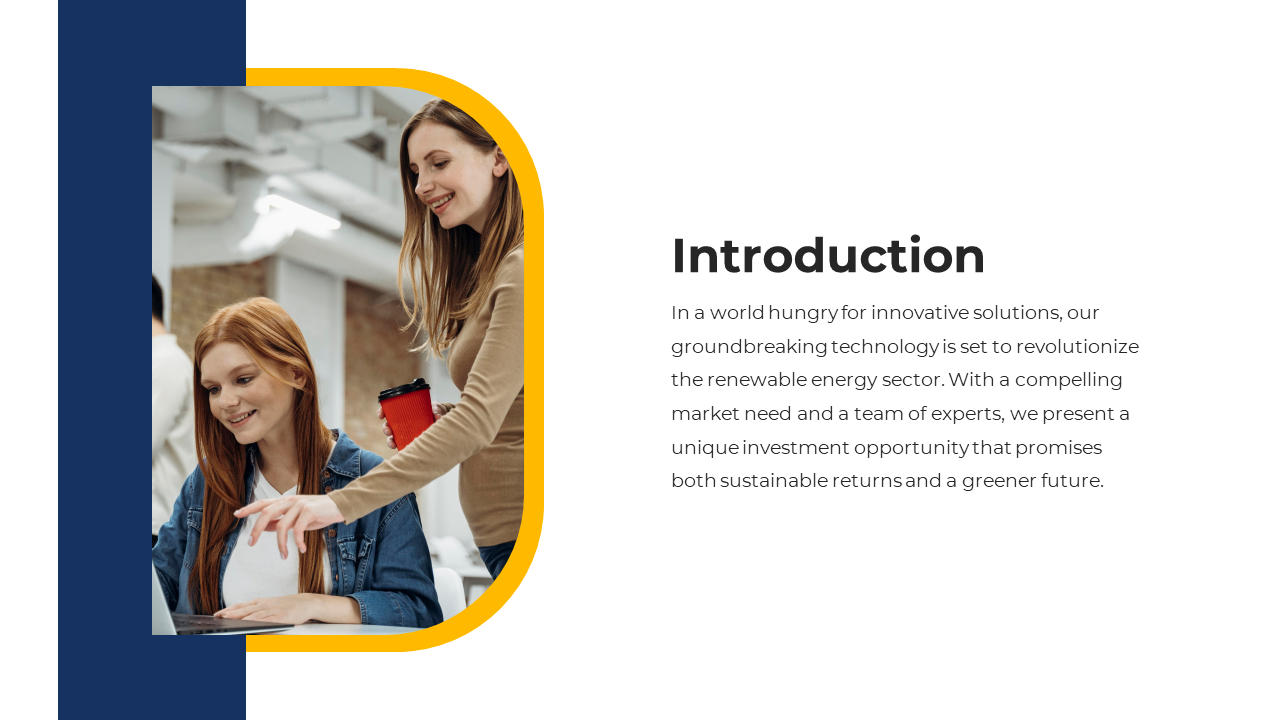 Introduction slide with an image of two women collaborating, accompanied by a description of a groundbreaking technology.