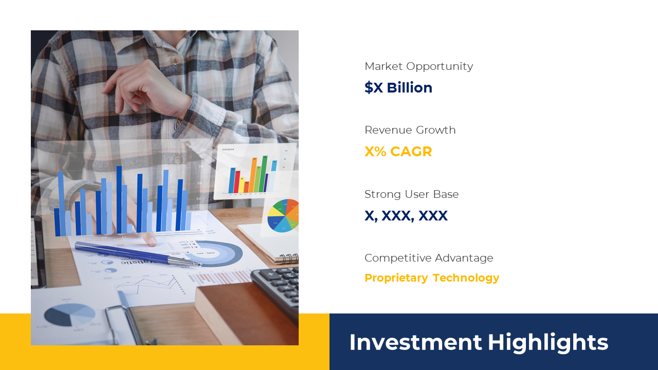 Investment highlights slide featuring a person working with graphs and charts, with key points on a white backdrop.