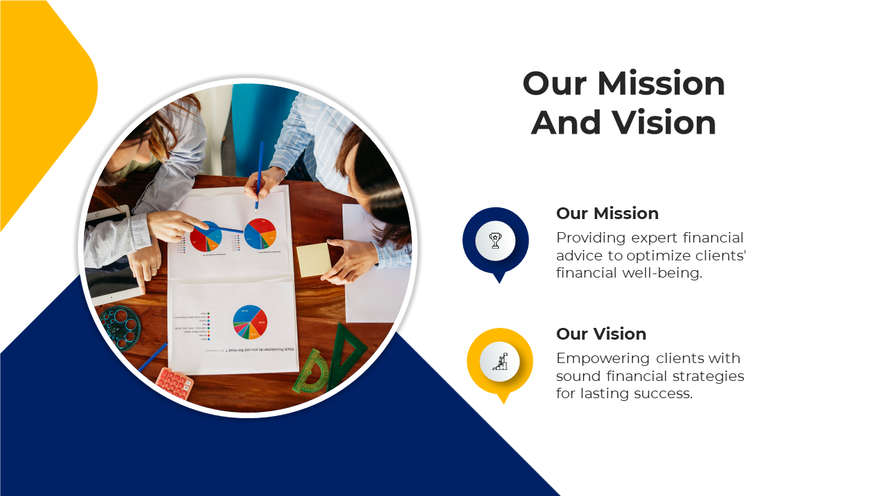 Our mission and vision slide features a group of professionals analyzing financial charts, with text descriptions with icons.