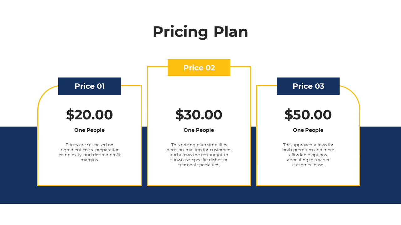Pricing plan slide showing three options from price 01 to price 03 with each price having a brief description on white theme.
