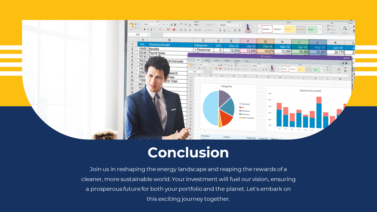 Conclusion slide featuring a business professional discussing a marketing budget and expense chart on yellow and blue theme.