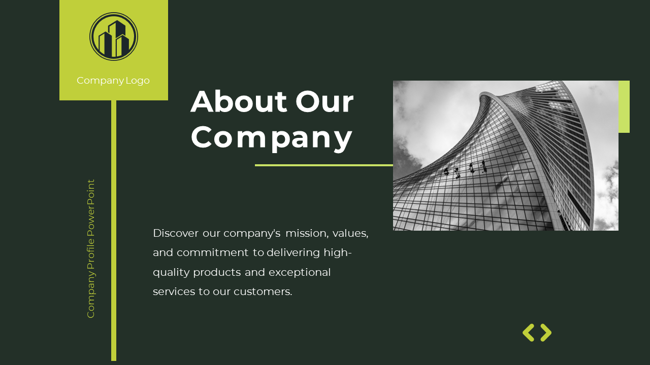 Company profile slide with about our company title, logo, and a modern architectural photo on a green backdrop.