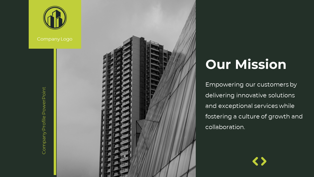 PowerPoint slide featuring the company mission statement with a building photo and the logo on a dark green backdrop.