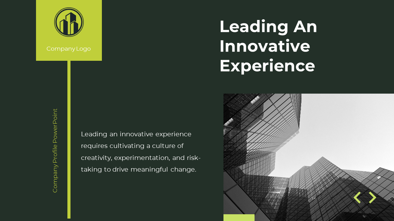 PowerPoint slide with leading an innovative experience heading and a modern building background on a dark green theme.