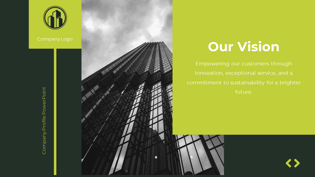 Company profile slide titled our vision with a modern building image and a description of innovation and sustainability.