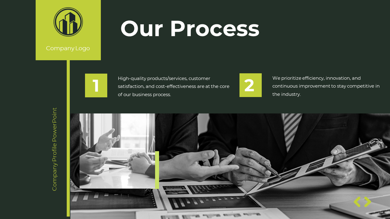 PowerPoint slide featuring a two step business process with a meeting image, emphasizing product quality and efficiency.