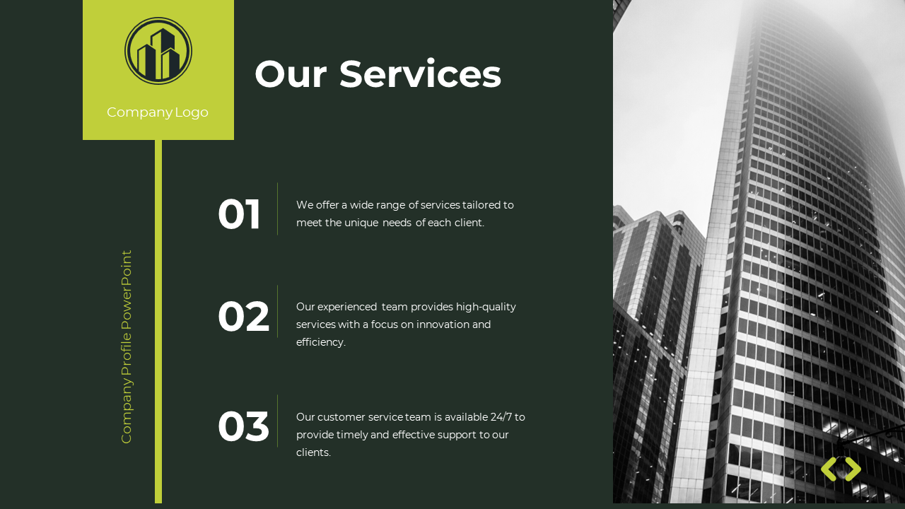 Company profile slide titled our services with 3 service points and a modern office building background on a green backdrop.