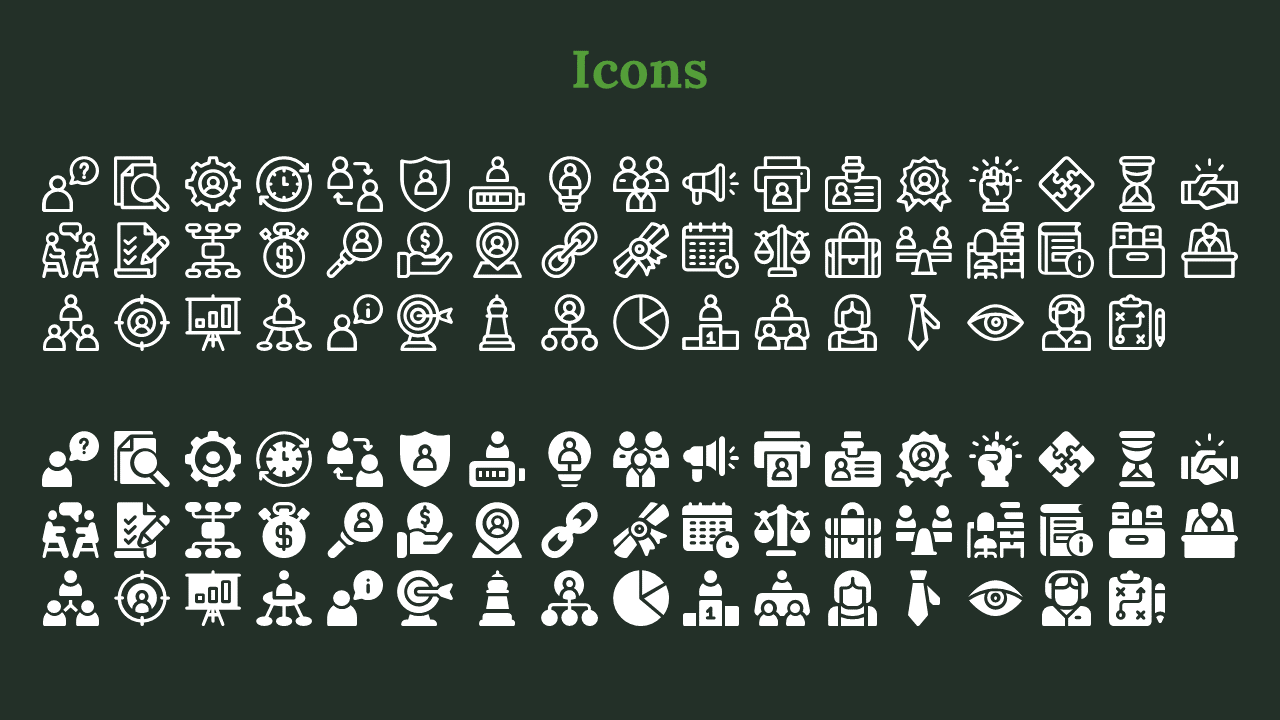 A collection of white icons representing business, leadership, and project management concepts on a green backdrop.