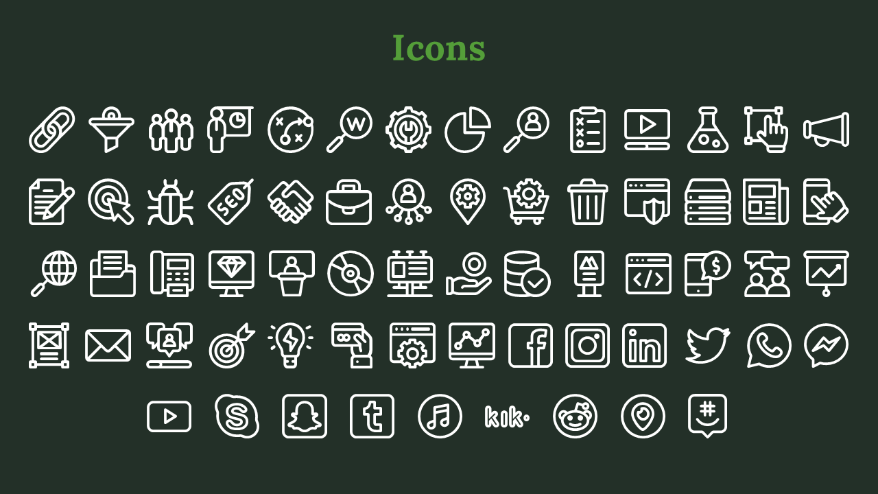 Collection of white icons representing digital marketing, SEO, social media, analytics, and business tools on green backdrop.