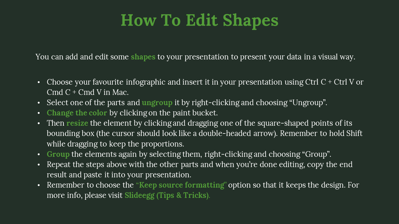 Instructions on how to edit shapes in PowerPoint, with steps for ungrouping, grouping elements, and changing color.