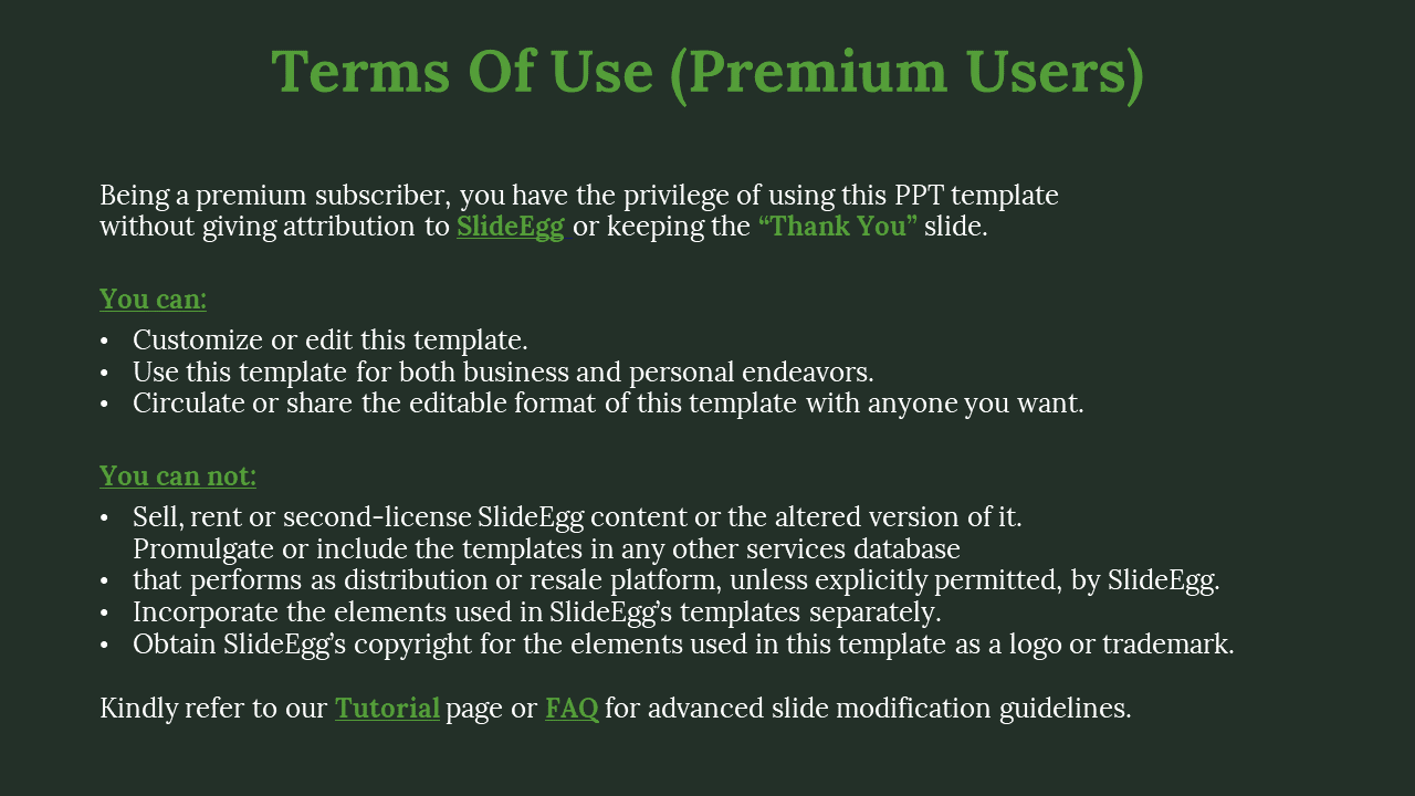 Terms of Use slide for premium users with details on customizing, sharing, and restrictions on a dark green backdrop.