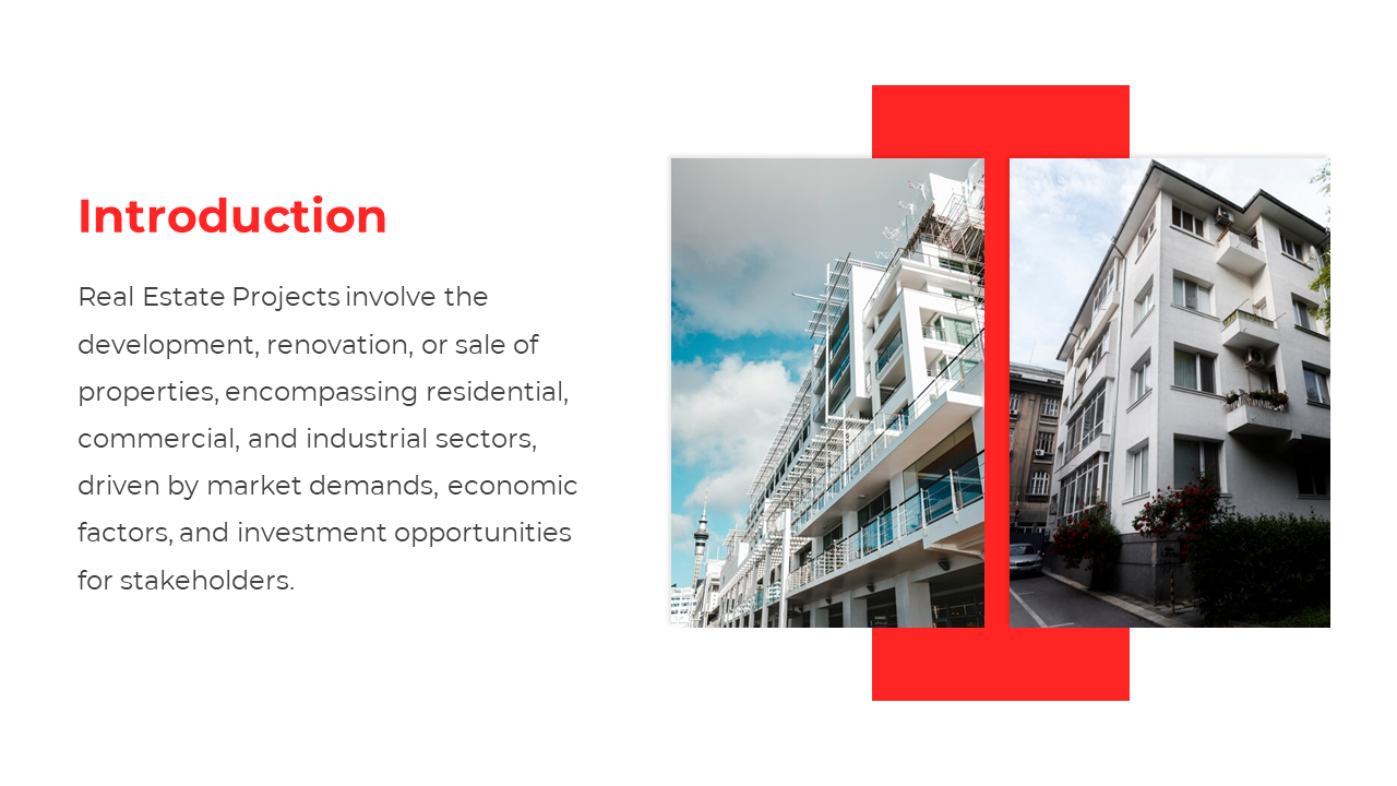 Introduction slide for real estate projects with two apartment buildings and a red border on a white backdrop.