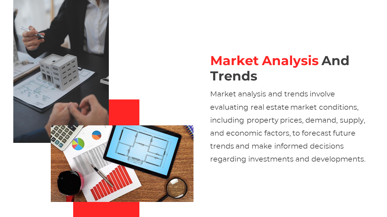 Real estate market analysis and trends with images of a building model, financial charts, and property floor plans.