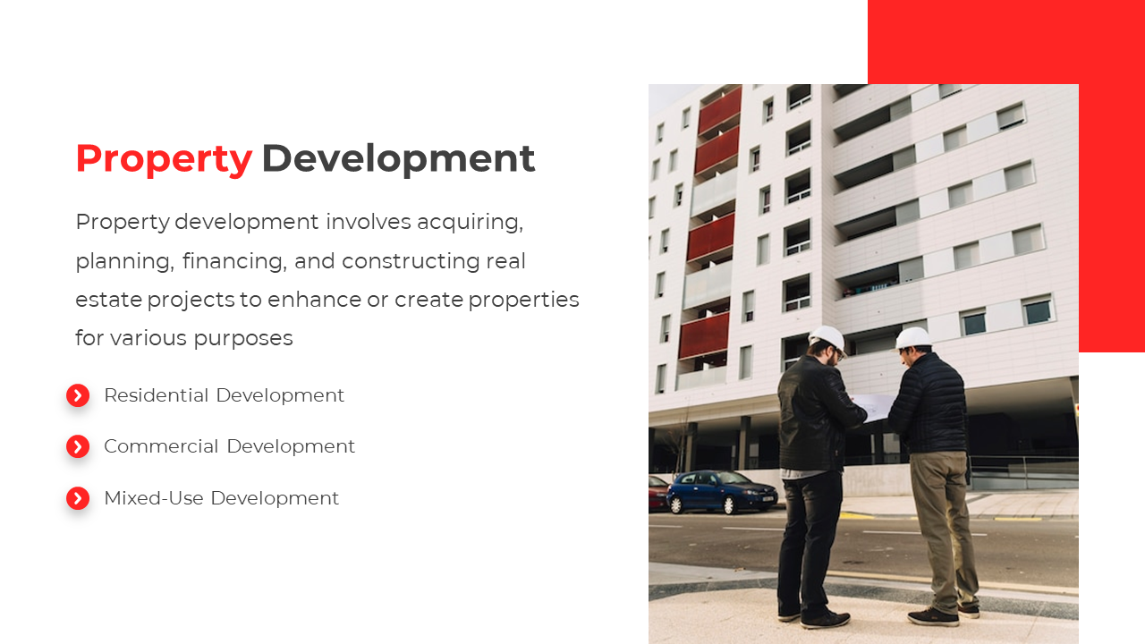 Property development involving construction planning, featuring two professionals reviewing blueprints outside a building.