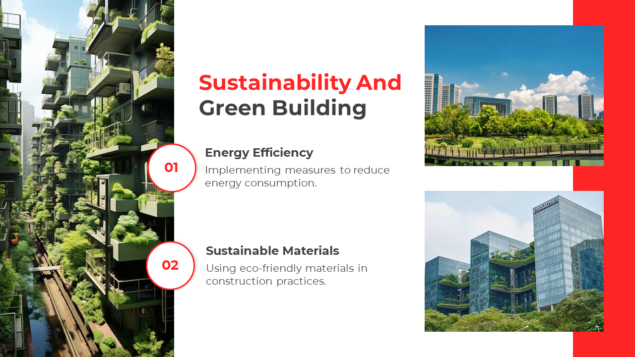Sustainable and green building initiative showcase energy efficient eco friendly materials and greenery on building facades.
