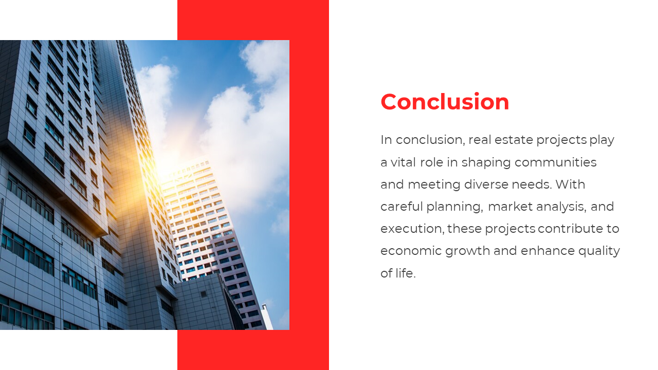 Conclusion of real estate project discussion, with modern buildings bathed in sunlight, highlighting growth and development.