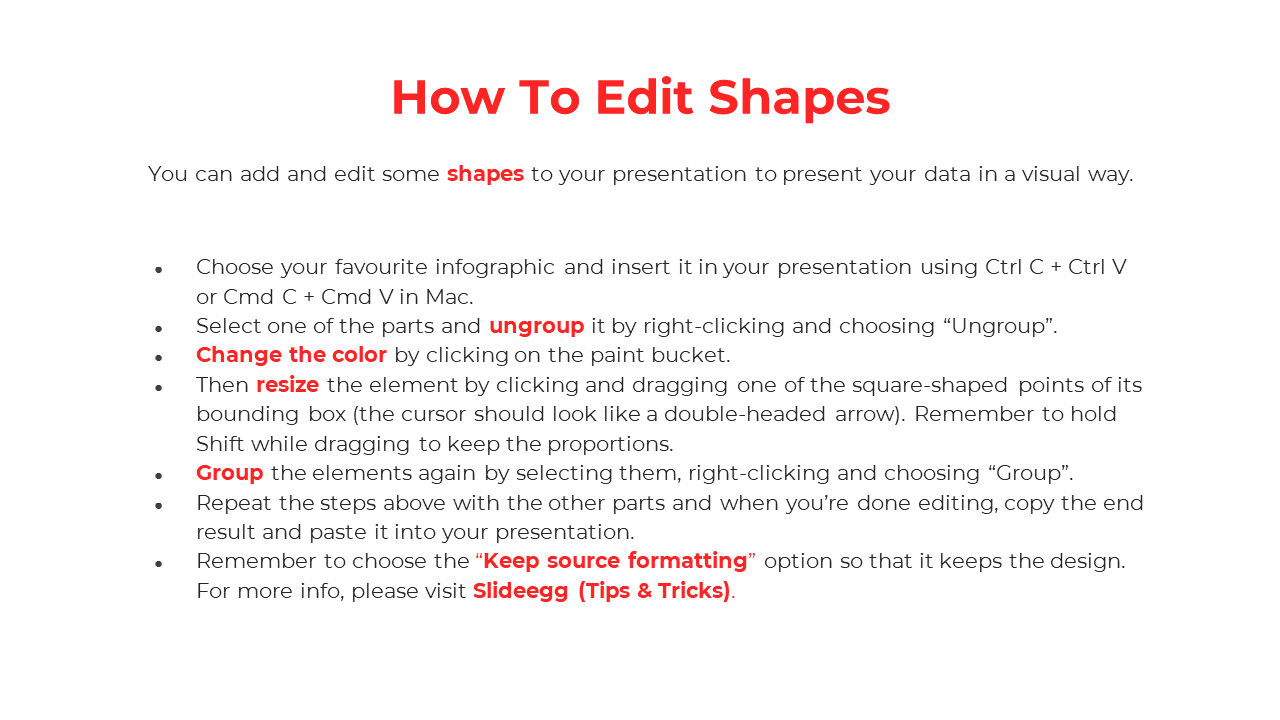 A slide tutorial on how to edit shapes in PPT, explaining how to insert, ungroup, change color, resize, and group elements.