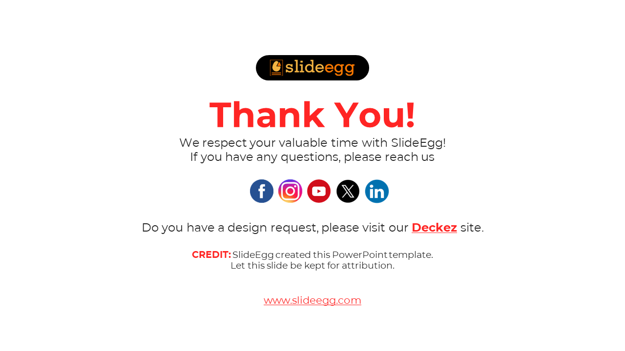 Thank you slide with SlideEgg branding, social media icons, and a link to Deckez for design requests on a white backdrop.