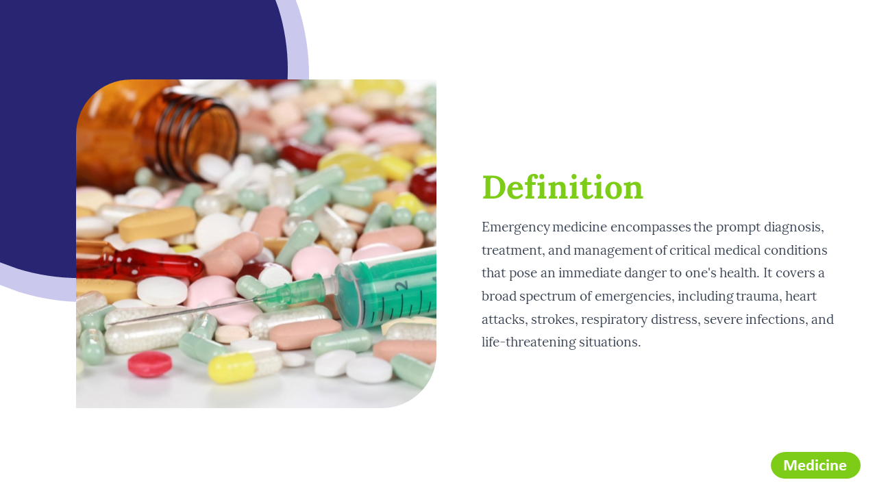 Emergency medicine definition slide with a background of various pills and a syringe on a white backdrop.