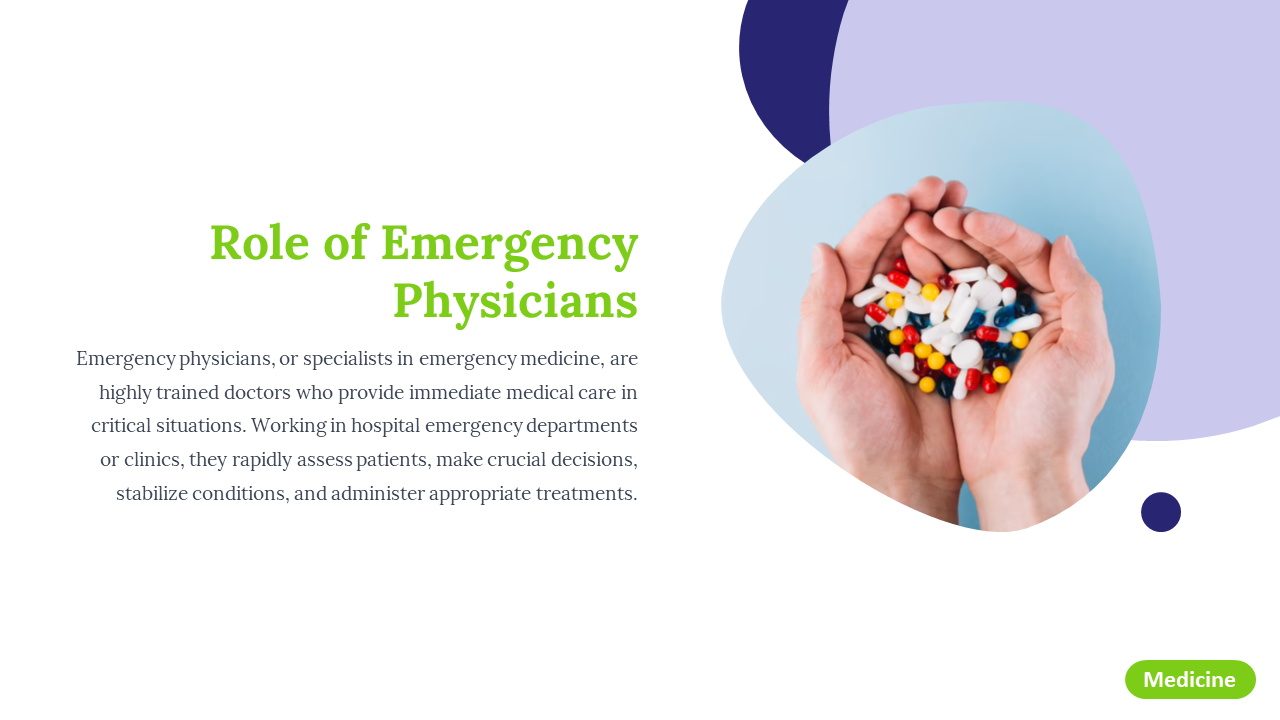 A slide showing the role of emergency physicians, with an image of hands holding colorful pills on a white backdrop.
