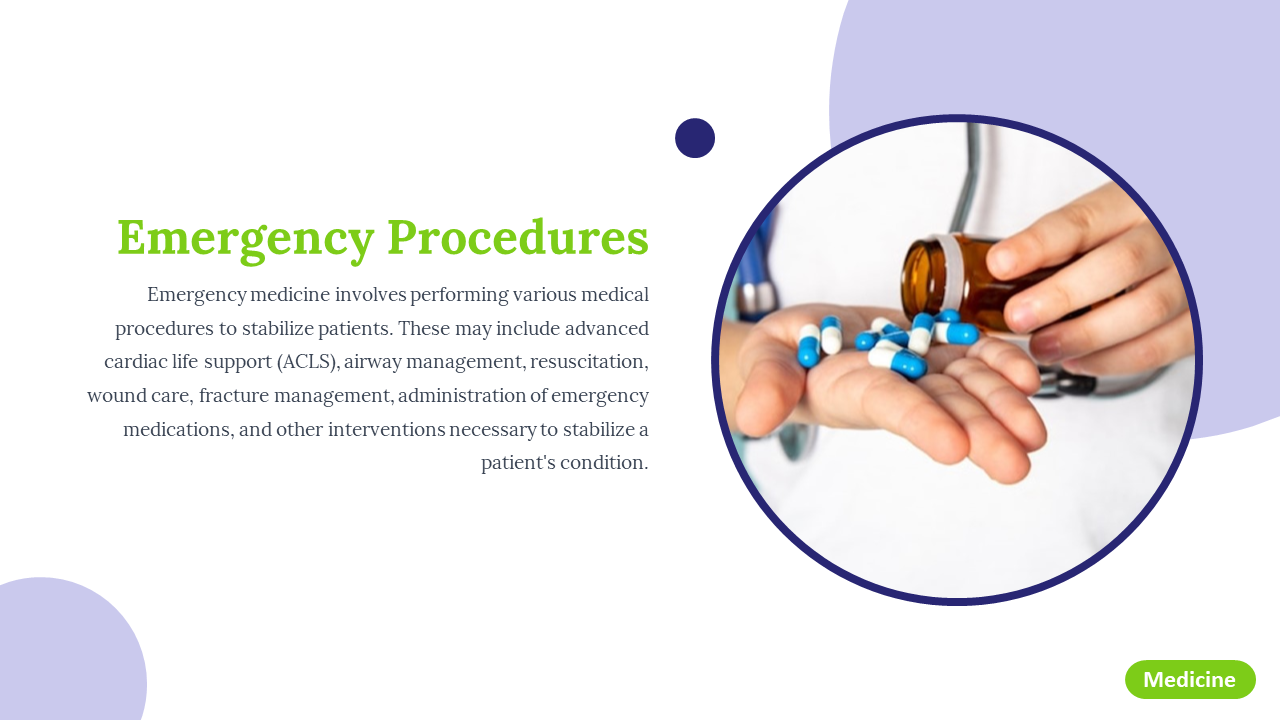 PowerPoint slide explaining emergency procedures in medicine with an image of medications being dispensed from a bottle.