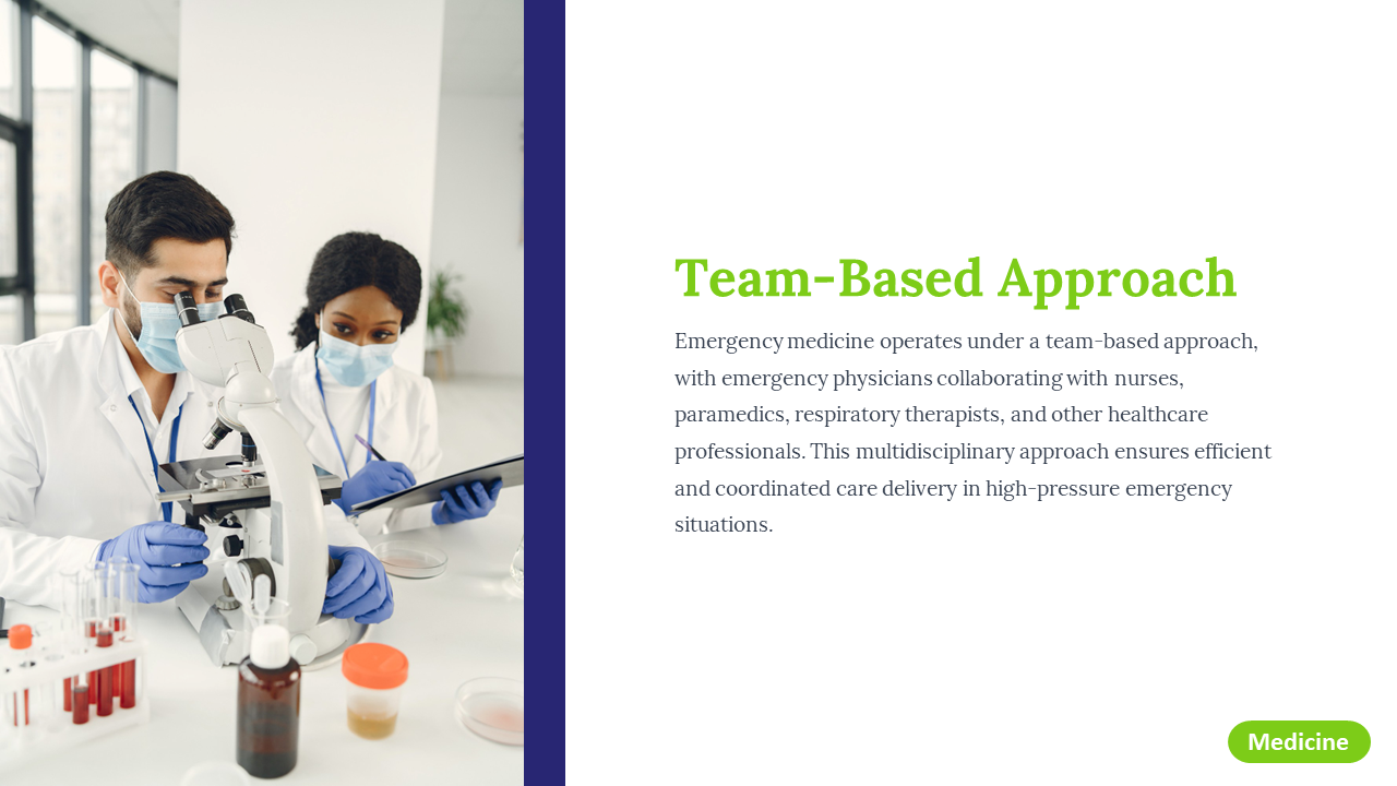 Slide on a team based approach in emergency medicine, featuring healthcare professionals collaborating with a microscope.