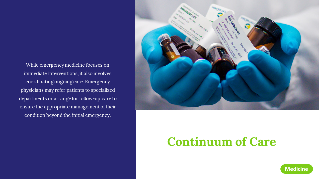 Slide on the continuum of care in emergency medicine, showing a healthcare worker holding prescription bottles.