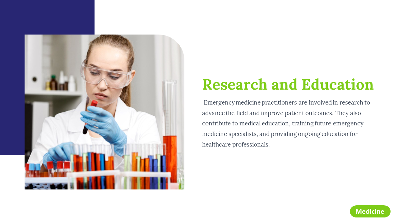 Slide on research and education in emergency medicine, showing a practitioner working with test tubes on a white theme.