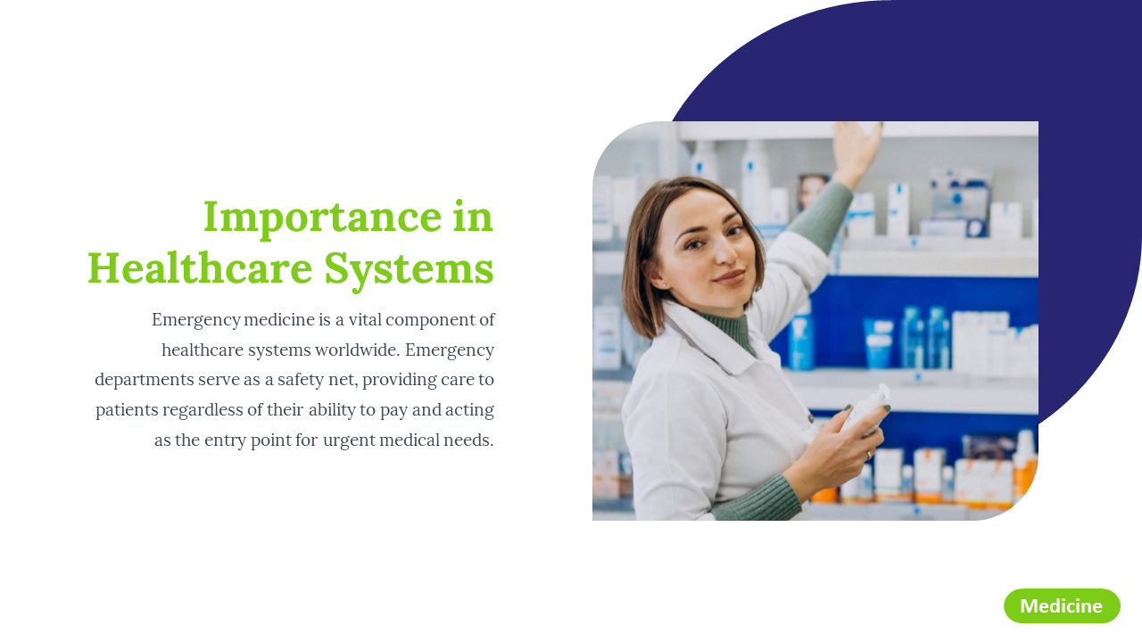 Presentation slide depicting the role of emergency medicine in healthcare systems with a professional displaying medications.