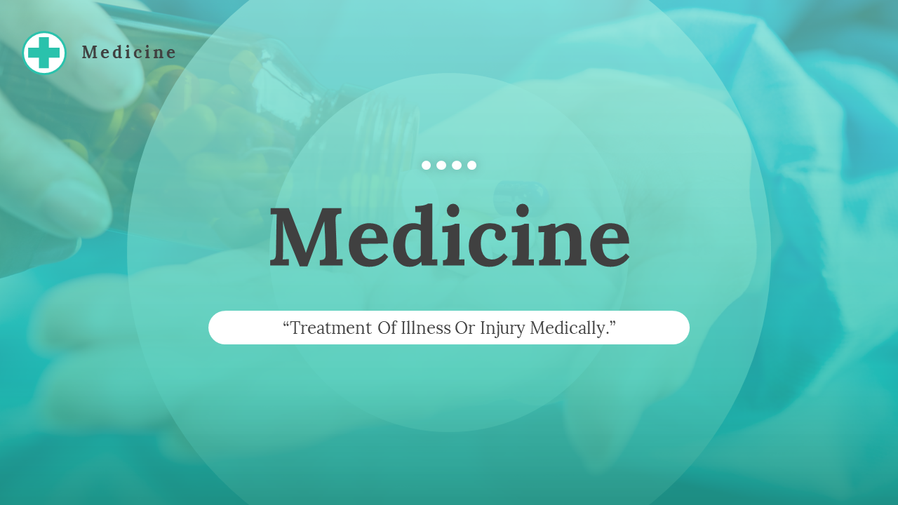 Medical-themed slide deck with a cross symbol and visual aid images  in the middle over a blue background.