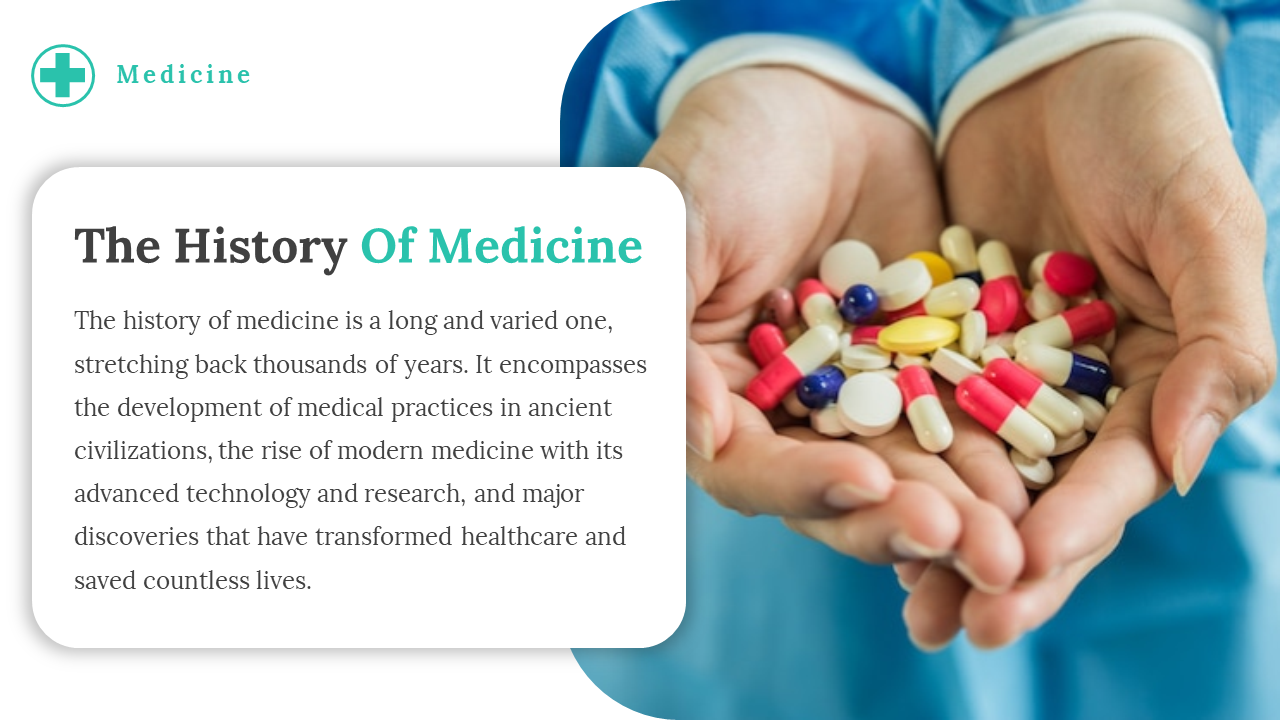 The History of Medicine slide with a close up of hands holding various pills, showcasing the evolution of medical practices.