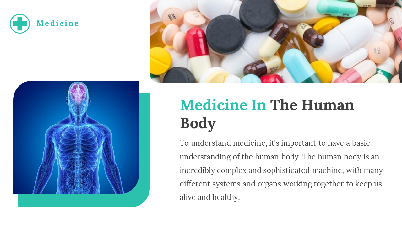 Medicine in the human body slide with a depiction of the human body and various pills on a white backdrop.