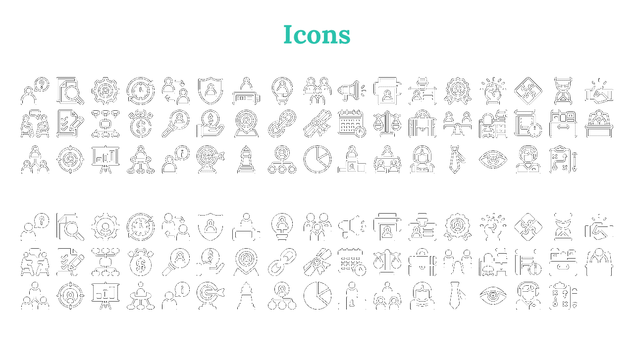 Collection of various black icons representing business, people, finance, analysis and organization concepts on white theme.