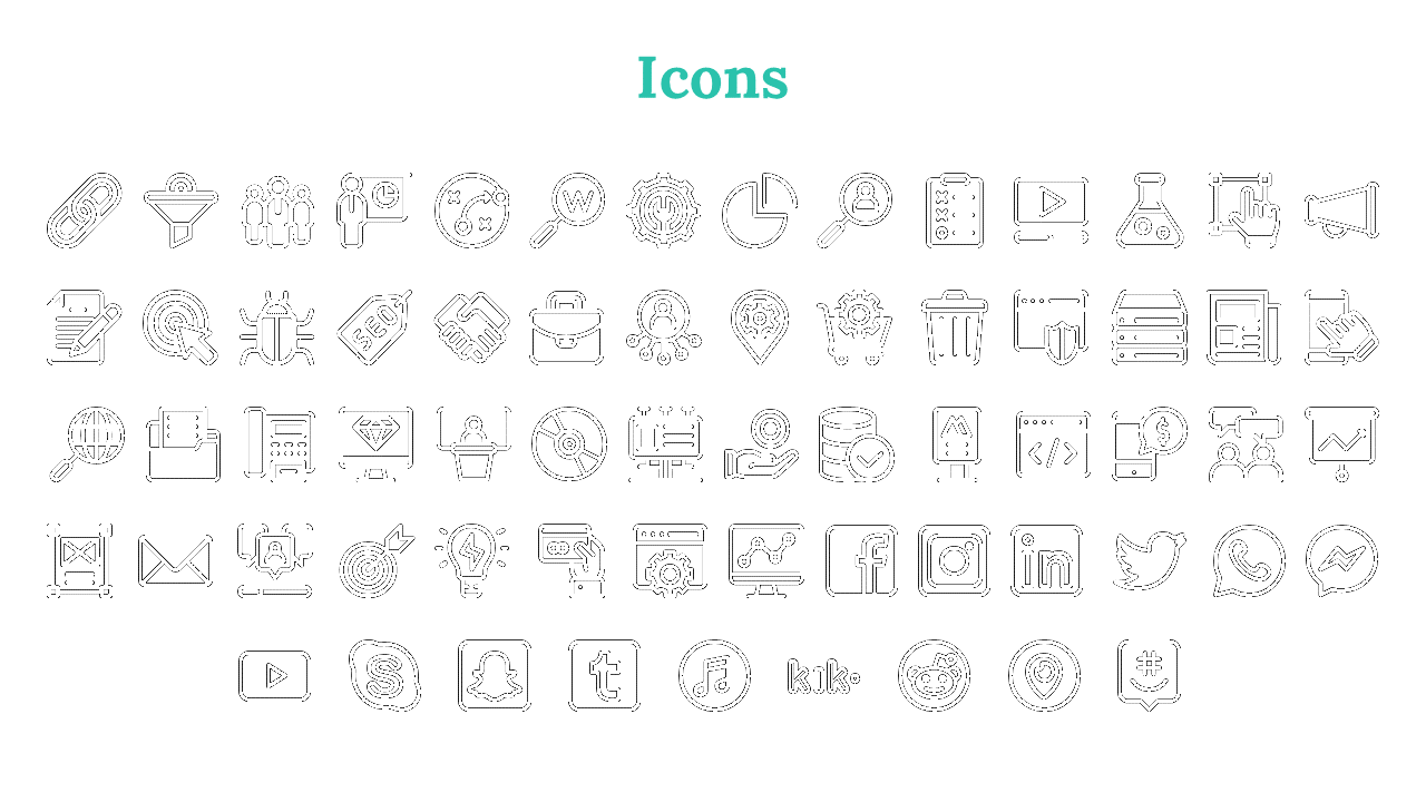 Set of black icons illustrating business, technology, and communication concepts, including search, SEO, and social media.