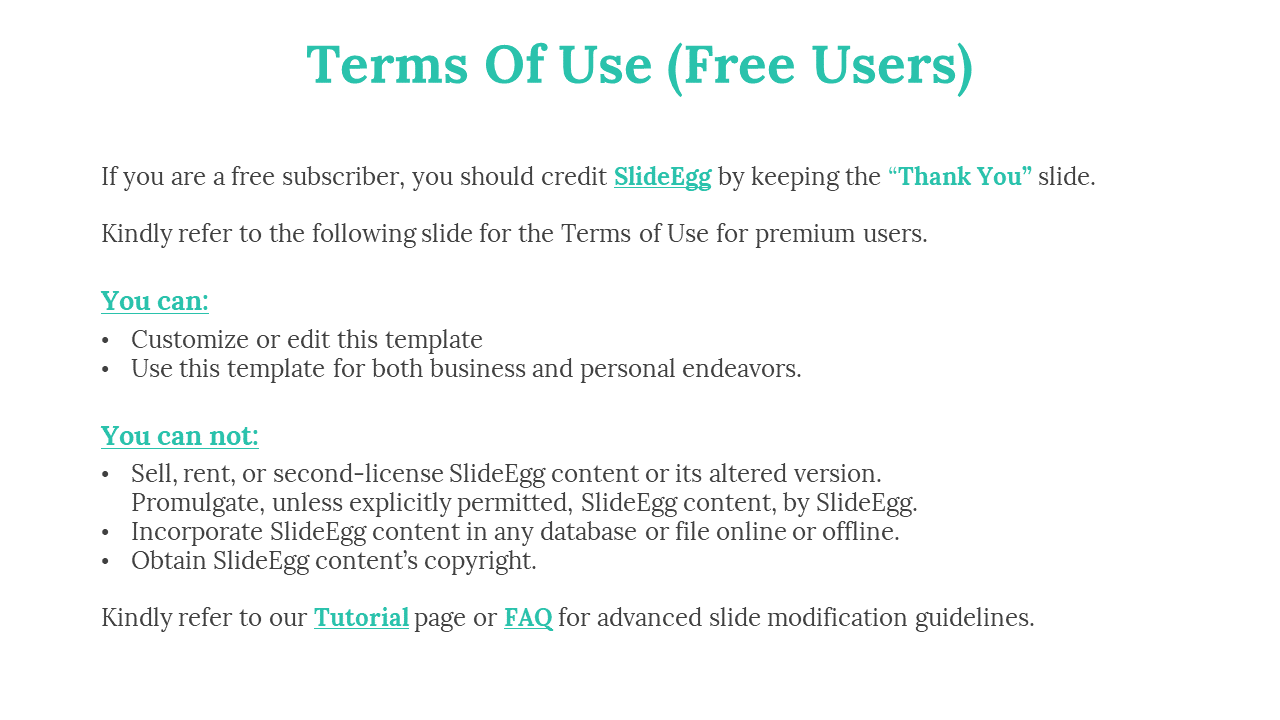 Terms of use slide for free users details the permissions and restrictions for customizing SlideEgg template in white theme.