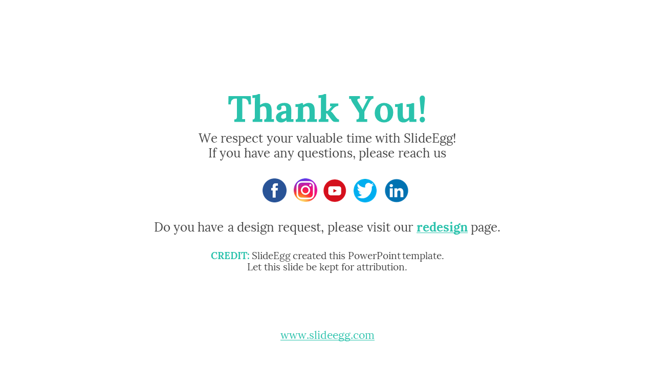 Thank you slide from SlideEgg, including social media icons on a white backdrop. 
