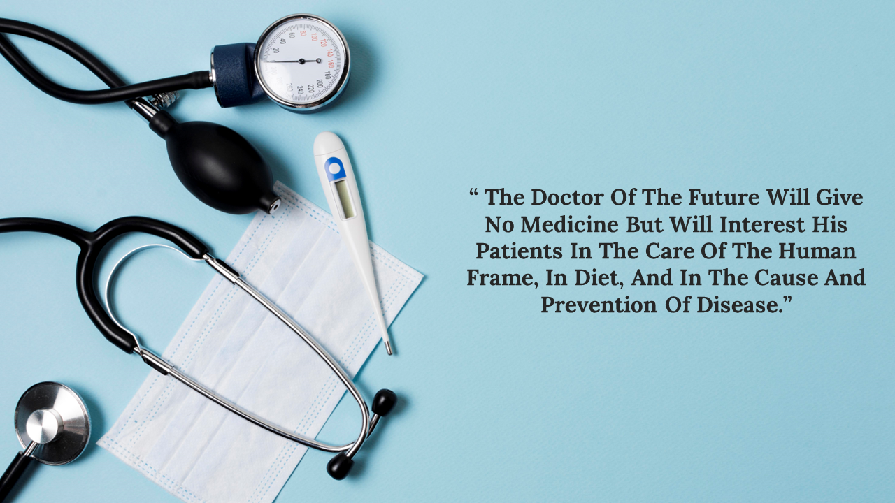 A healthcare quote about the future of medicine overlaid on a blue background, surrounded by medical equipment.