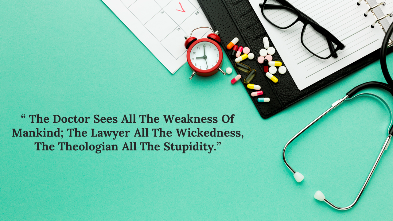 A quote overlaid on a green background of a calendar, alarm clock, glasses, and scattered pills.