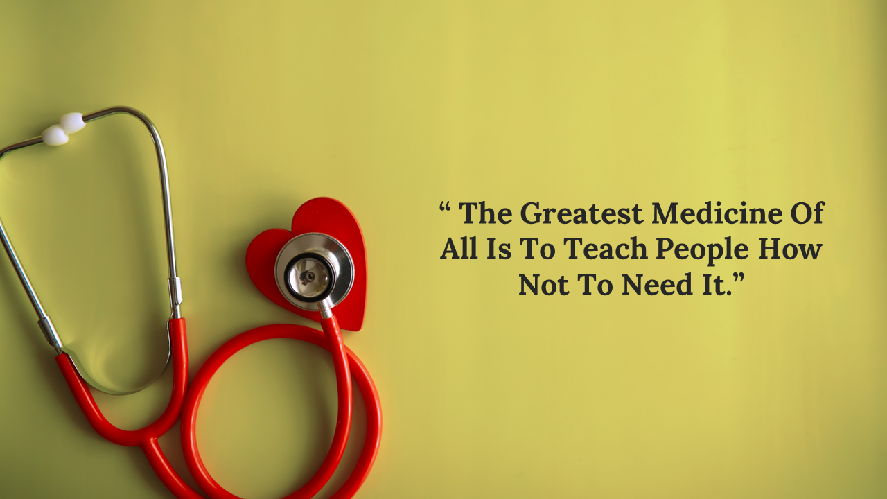 A quote about the greatest medicine, with a red stethoscope and a red heart shaped ornament on a green background.