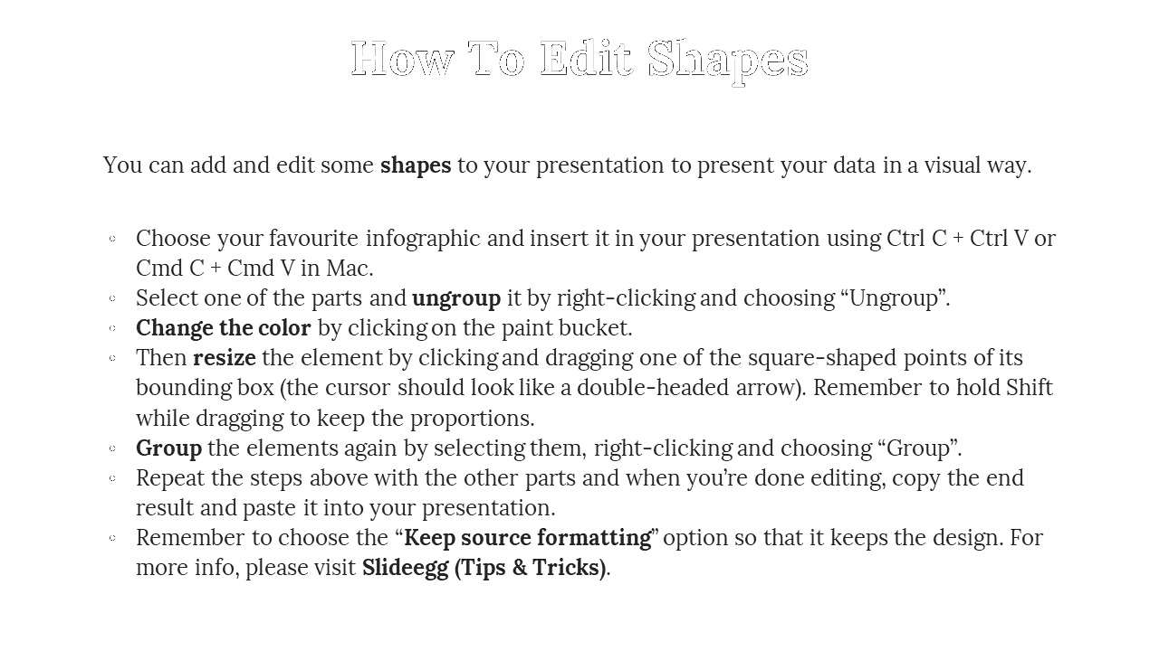A guide on how to edit shapes in a PowerPoint presentation, featuring steps like ungrouping, resizing, and changing colors.