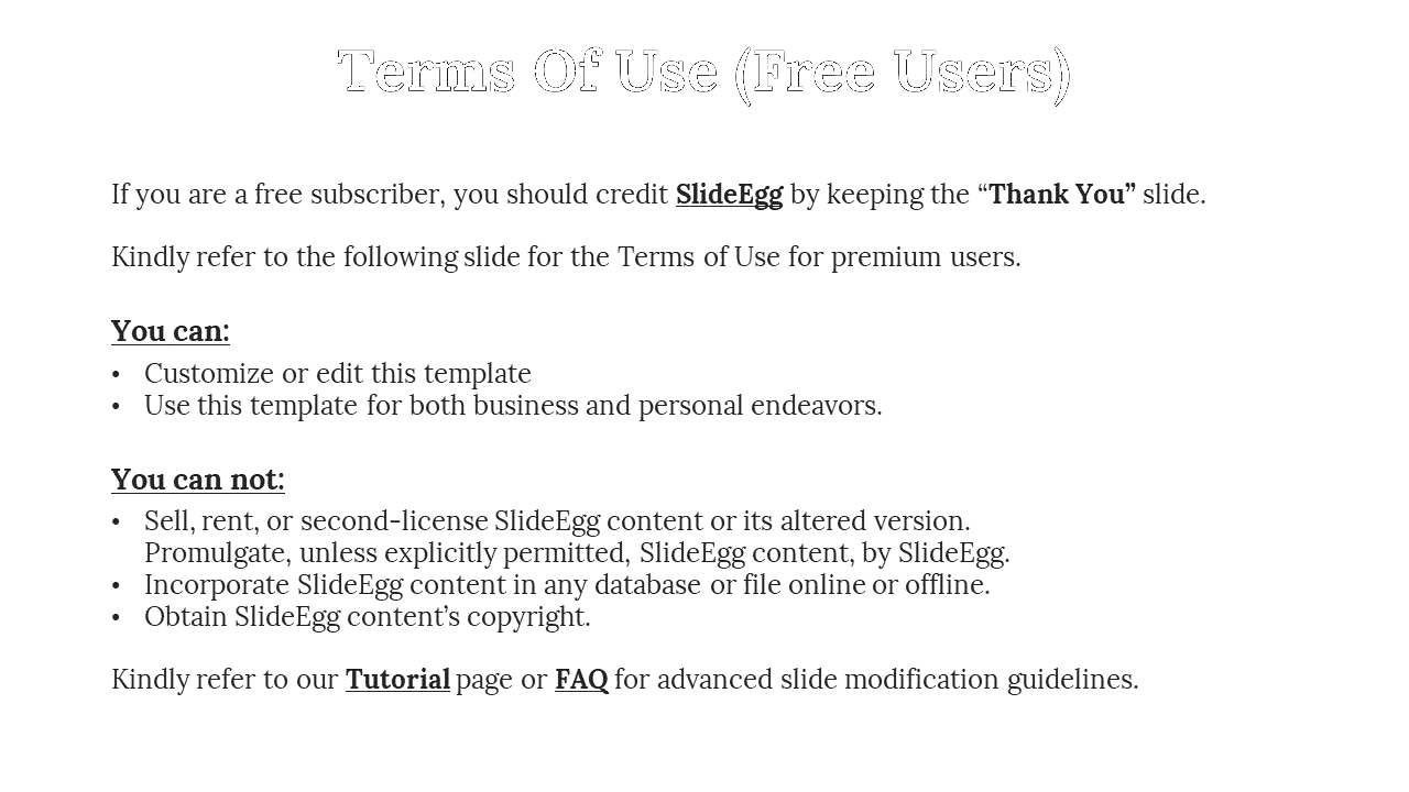 A slide detailing terms of use for free users of SlideEgg, including customization rights and limitations on redistribution.