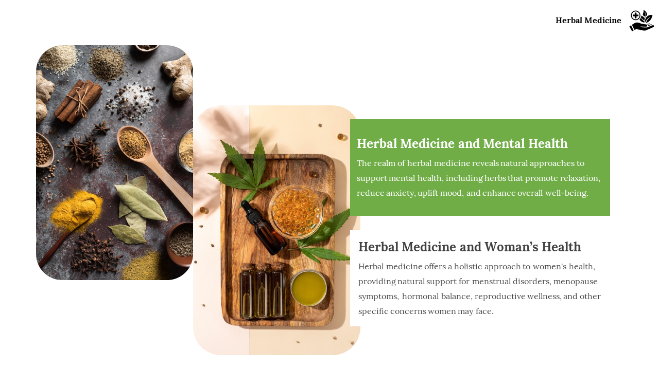 Herbal Medicine and Mental Health with a focus on the natural healing properties of herbs for stress relief on a white theme.
