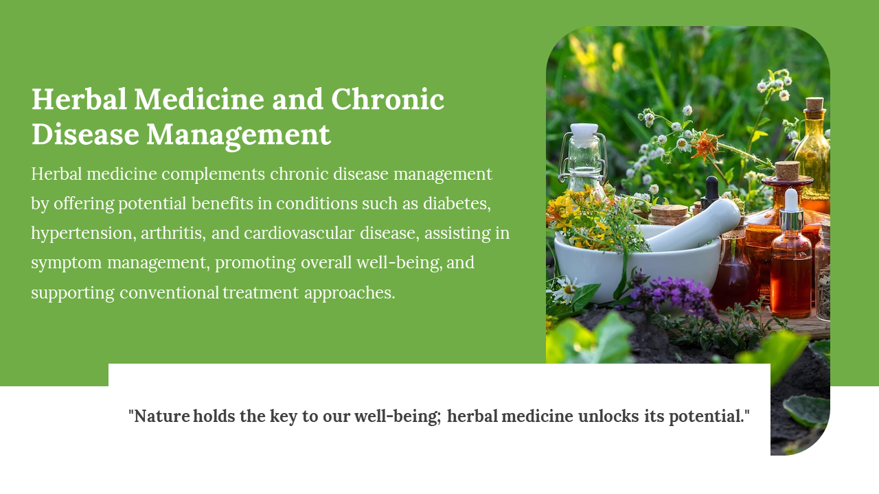 Herbal Medicine and Chronic Disease Management focuses on the use of herbal medicine on a green backdrop.