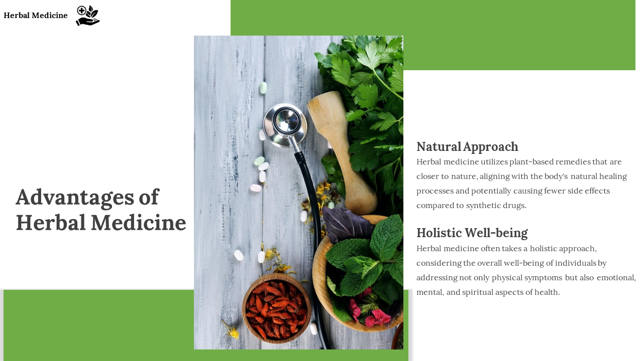 Slide with a stethoscope and herbal ingredients, emphasizing the natural approach on a green and white backdrop.